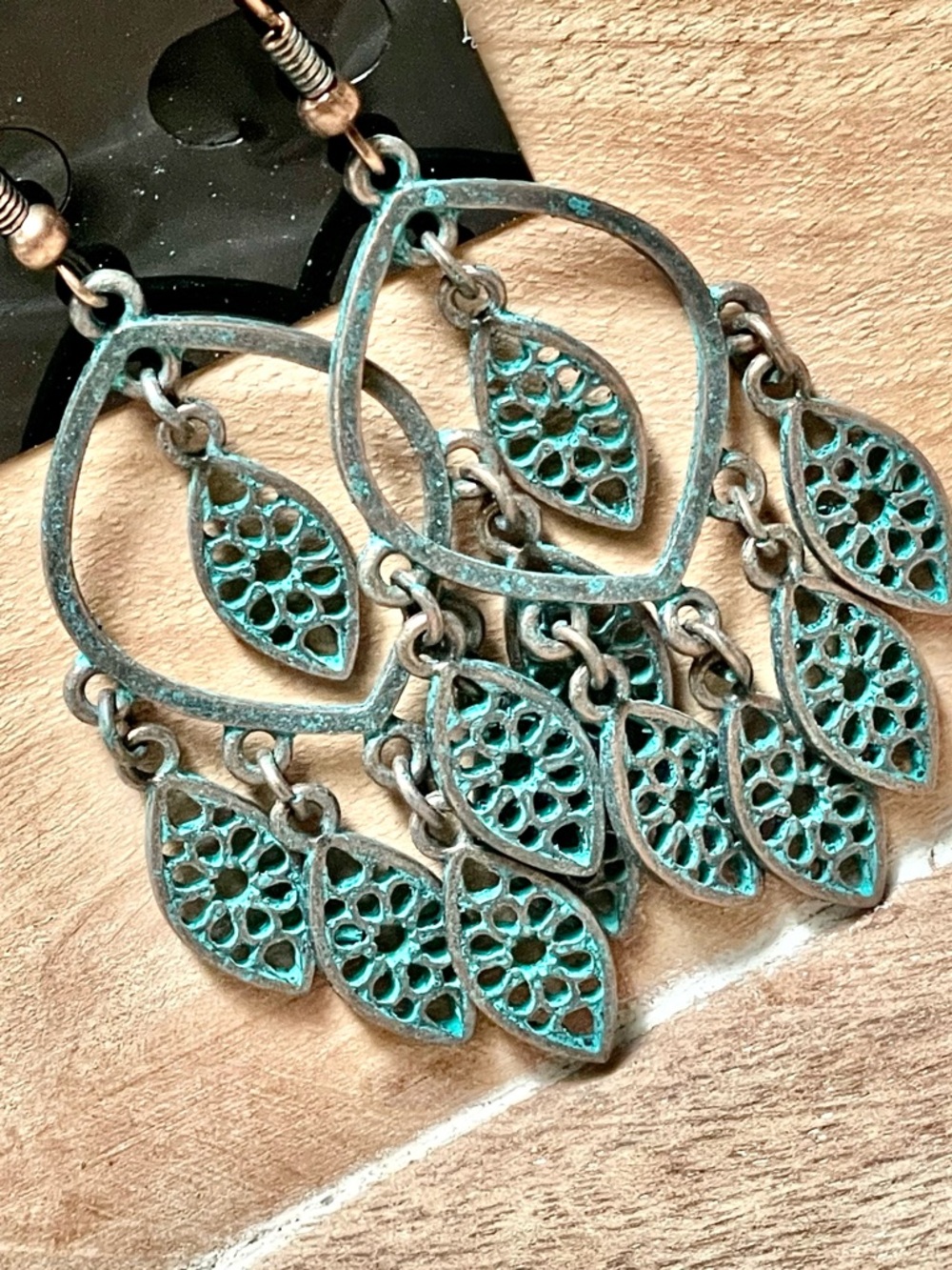 Turquoise Patina Leaf Chandelier Earrings - Women Jewelry - Picture 2 of 3